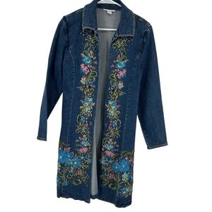 VTG Dress Barn Blue Denim Embroidered Floral Long Jacket Coat Women's Size S